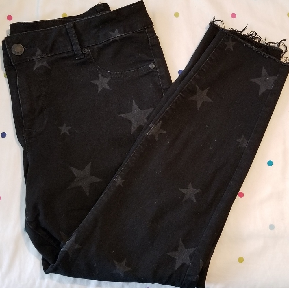 Raw Hem Cropped Stretchy Jeans with Star Print
